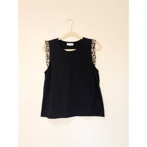THML Womens Cheetah Ruffle Trim Cotton Blend Stretch Sleeveless Top Black Large